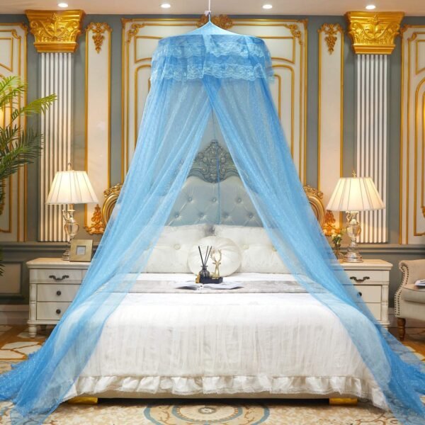 Mosquito Net for Hanging Double Bed | King Size Embroidery Machardani | Polyester 30GSM Strong Net | Canopy Tent for Bedroom -Blue