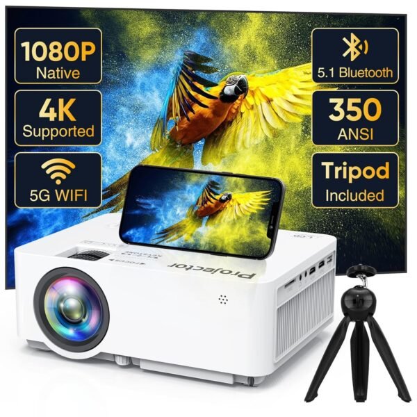 Native 1080P Projector With 5G WiFi Bluetooth (With Tripod) - 4K Supported, Portable Outdoor, Max 300" Display, Compatible With TV Stick, HDMI, Phone